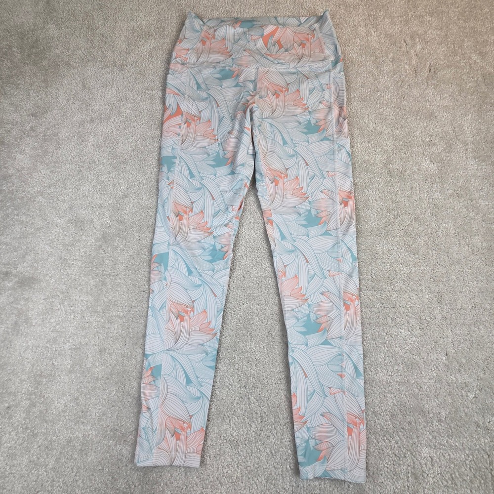 Buffbunny Women Floral Print High Waisted Leggings with Pockets Peach Teal L